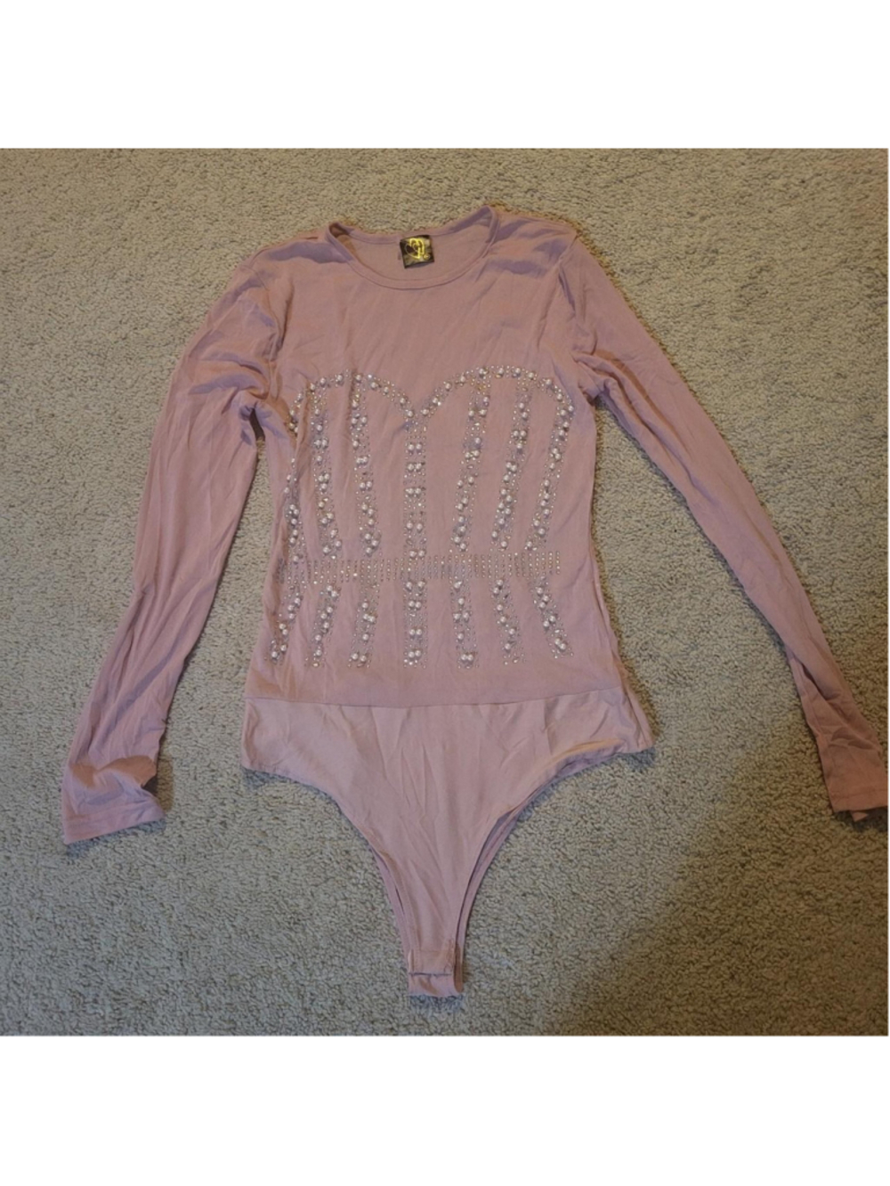 Windsor pink mesh long sleeve bodysuit with rhinestone and pearl details